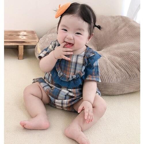 2021 Fashion Infant Baby Boy Girl Summer Autumn Plaid Short Sleeve Romper Clothes 0-24M Toddler Newborn Cotton Jumpsuits Sets Ca