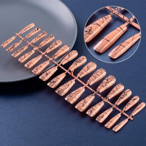 30pcs Black Line Brushed Ballet Coffin Fake Nails Glitter Powder Solid Color ABS Plastic Press On False Nails Tips Cute Nail Art