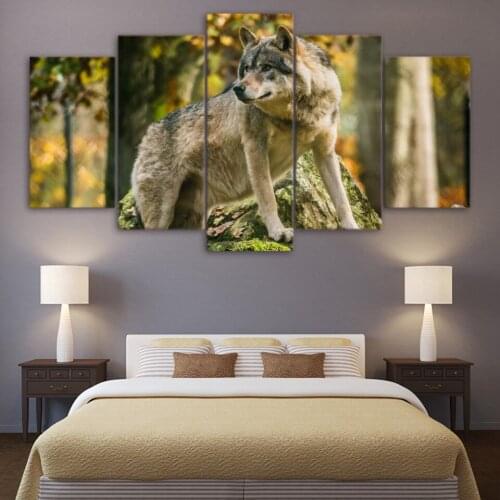 5 Pieces Wolf Forest Timber Landscape Pictures Animal Posters Wall Art Canvas Paintings Frame For Living Room Home Decor