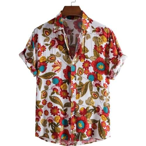 White Shirt Mens Short Sleeve Floral Casual Print Mens Aloha Shirt Beach Holiday Vacation Camisas Summer Flower Chemise Homme