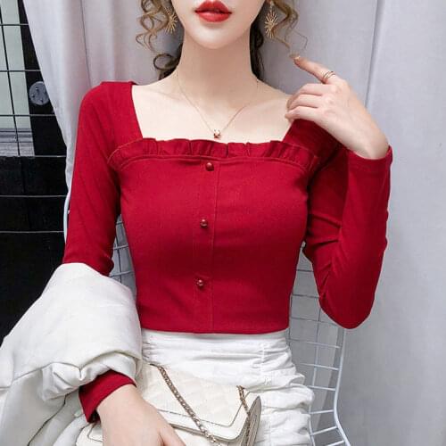 Blouse Womens Cotton Square Collar Ruffle Long-Sleeved Shirts Slim-Fit High Waist Top Blusas Ropa De Mujer