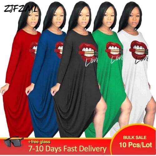 Bulk Items Wholesale Lots Womens Long Dress Casual Mouth Print Full Sleeve Party Club Dresses Autumn Female Irregular Vestidos
