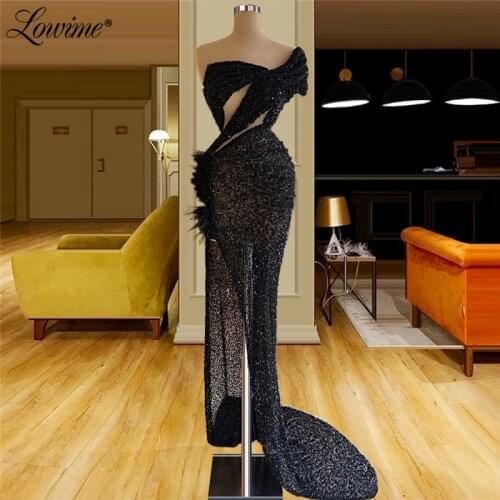 Lowime Black Mermaid Long Sparkle 2021 Evening Dresses Dubai Design Sequined Wear Gowns Plus Size Long Prom Party Gowns Vestidos