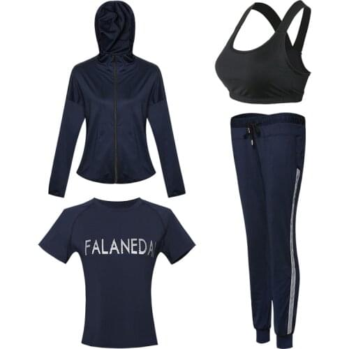 Hot Fitness Women Yoga Set 4 in 1 Set Navy Yoga Bra Black Sport Pants Solid Hoodie Gym Clothes Sport Wear Running Outdoor Jog