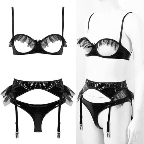 Womens Erotic Lingerie Set Wet Look Leather Adjustable Straps Exposed Open Bra with Garter Belt and Crotchless Briefs Underwear
