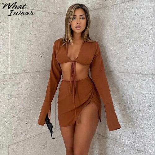Whatiwear Sexy Solid Two Piece Set Women Flare Sleeve Lace Up Deep V Tops+Side Slit Mini Skirts Matching Suit Party Clothing