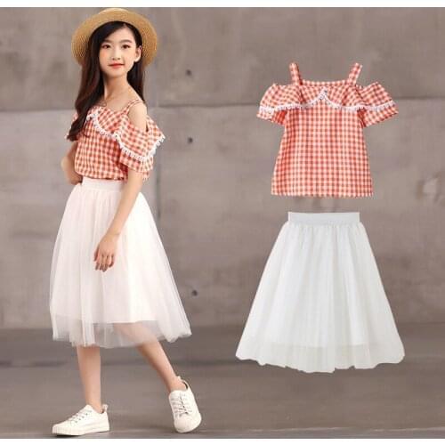 Boutique Kids Clothing Set Teenager Girls Sets Plaid Tops Shirts + Mesh Skirts Summer 2 Pcs Suit for Girl 4 6 8 10 12 14 Years