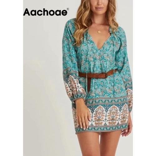 Aachoae Floral Print Summer Mini Dress Women Bow Tie V Neck Boho Beach Dress 2021 Long Sleeve Holiday Casual Dress Vestidos