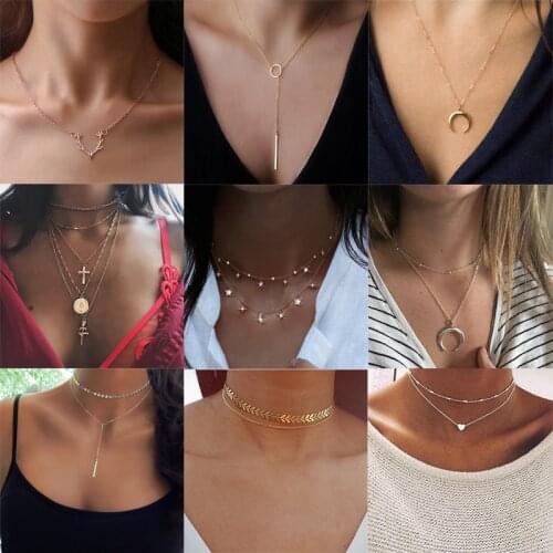 Vintage Multilayer Crystal Pendant Necklaces for Women Gold Color Beads Moon Star Horn Crescent Choker Necklaces Jewelry New