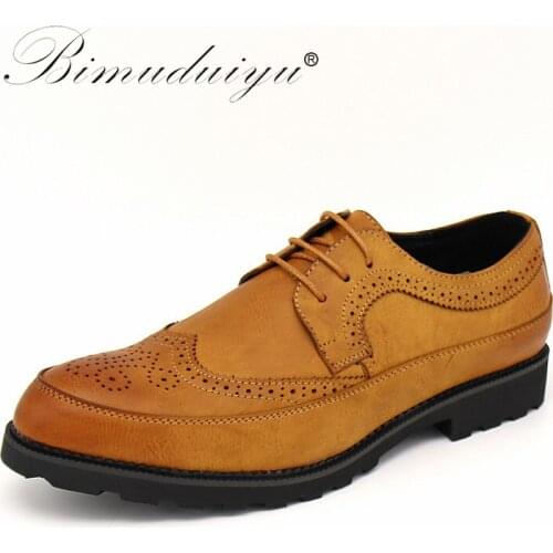 BIMUDUIYU Brand Formal Brogue Mens Office Party Dress Wedding Shoes Oxfords British Men Leather Shoes Rubber Sole 38-48