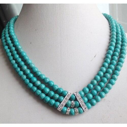 Charming new free shipping 3Rows 6mm Green calaite turquoises Round beads stone chain strand Necklace for women 17-19inch BV390