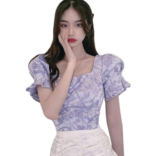 French Retro Floral Print Square Neck Shirt Womens Sexy Backless Hollow Puff Sleeve Blouse Lady Shirt 2021