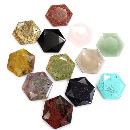 Hexagonal Picture Stones Pendant Reiki Healing Natural Stone Amulet DIY Jewelry Natural Stone Charms Size 40mm
