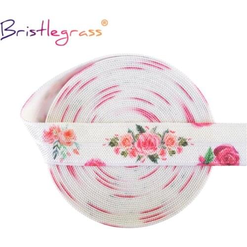 BRISTLEGRASS 2 5 10 Yard 5/8" 15mm Rose Flower Print Foldover Elastic FOE Spandex Satin Band Tape Hair Tie Dress DIY Sewing Trim