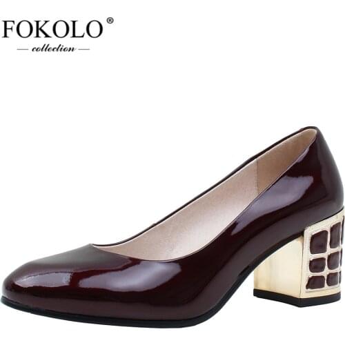 FOKOLO Pumps for Mature Women New Summer Round Toe Square Heel Patent Leather High Heels High Quality Handmade Ladies Shoes GC7