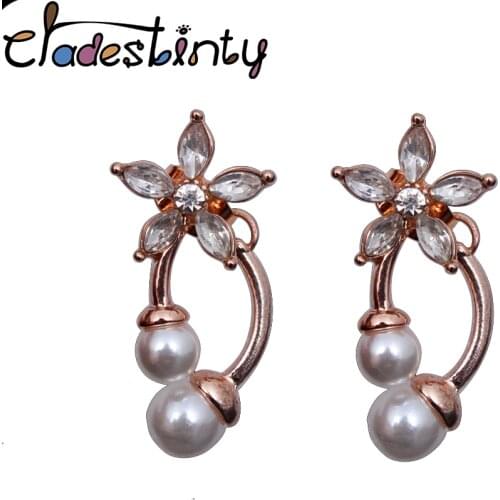 Chadestinty Rose Gold Silver Color Simulated Pearl Flower Stud Earrings For Women Crystal Earring Fashion Jewelry brinco