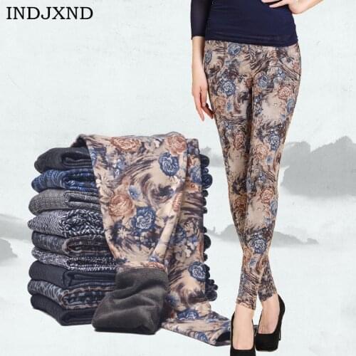 INDJXND Lady Winter Leggings Women Tattoo Velvet Thick Warm Pants Fashion Floral Legging Cashmere Capris Sexy Leopard Black Pant