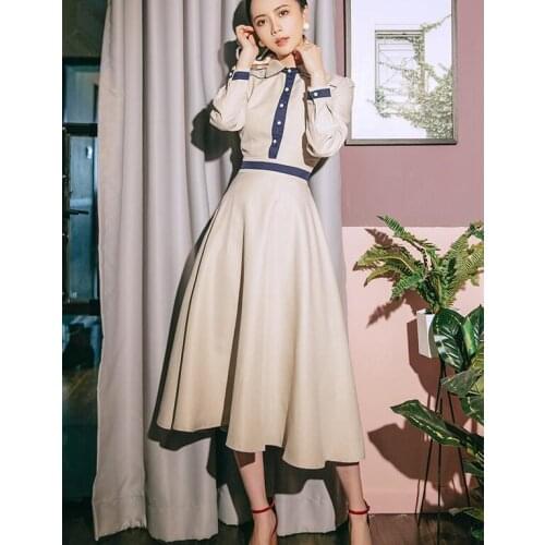 High Quality Hot Sale Fashion Autumn Winter New Arrival Peter Pan Collar Color Block Collest Waist Woman Long Dress