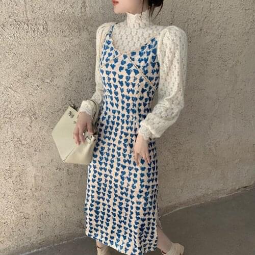 Women Dress Winter Autumn French Elegant Vintage Gentle Temperament Lace Bottom Shirt Floral Sling Dress Female Two-piece Dress