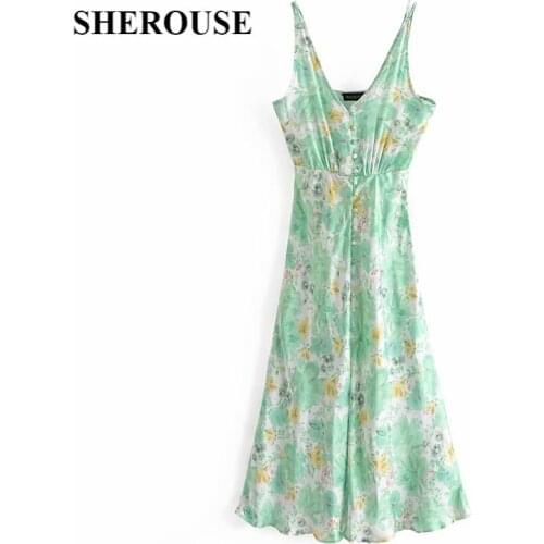 2021 New Women Floral Printed Tunic Dress Strap Slit Boho Maxi Dresses Chic Lady Fashion Casual Women Clothes