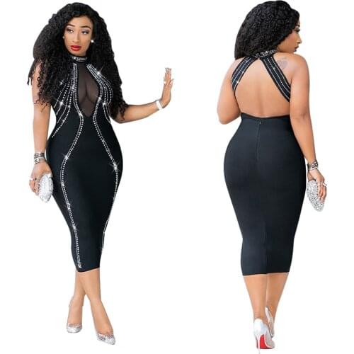 Solid Color Sexy Mesh See-Through Backless Hot Drilling Zipper Women Knee-Length Dress Fashion Streetwear