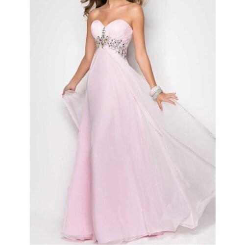 Free shipping 2016 New Crystal Strapless Party Prom Gown Evening vestidos formales maxi Long Chiffon Sweetheart Graduation Dress