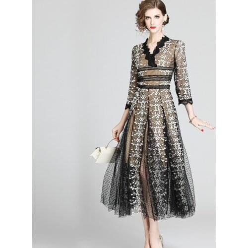 Women Autumn A-line Dress 2021 Vintage Fashion Ladies Embroidery Flower Elegant Women V Neck Party Dress Vestido Feminino