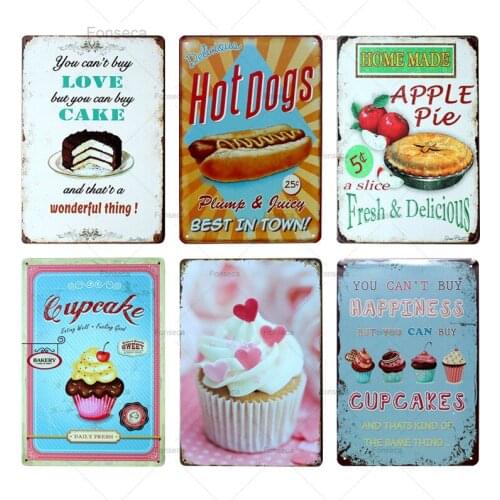 Hot dogs Hamburgers Apple Pie Cake Tin Signs Metal Painting Wall Art Decoration For Bar Cafe Home kitchen Living Room 20X30cm