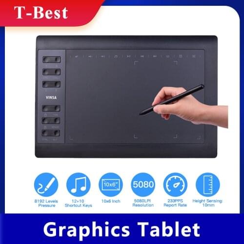 10x6" Professional Graphics Drawing Tablet 12 Express Keys 8192 Levels Battery-Free Stylus/8pcs Nibs/Pen Clip Support PC/Laptop