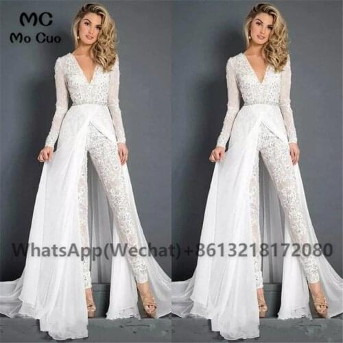 2021 Vintage Jumpsuit Wedding Dresses Long Sleeves Appliques Lace Dresses For Nigerian Wedding White Bridal Gowns