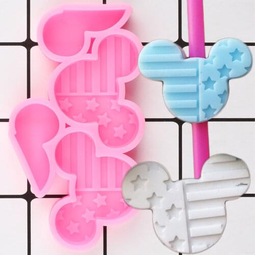 3D Mouse Head Silicone Mold Straw Topper Molds American Flag Chocolate Fondant Cake Decorating Tools Candy Clay Resin Mould