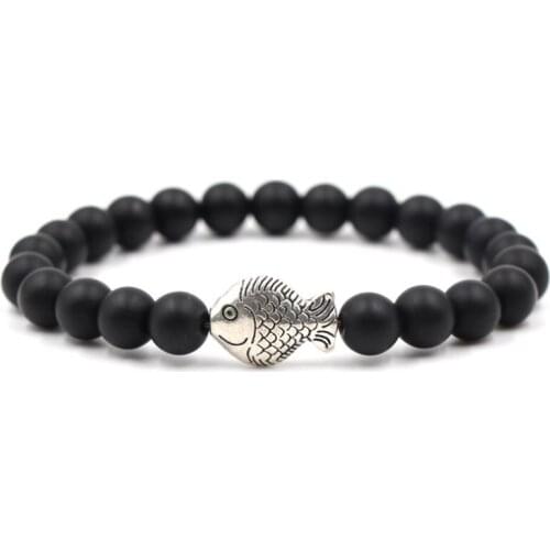 8mm hfg3 ball elastic thread adjusted nature black stone volcanic lava bead Metal fish Bracelet Reiki Chakra Fashion Jewelry