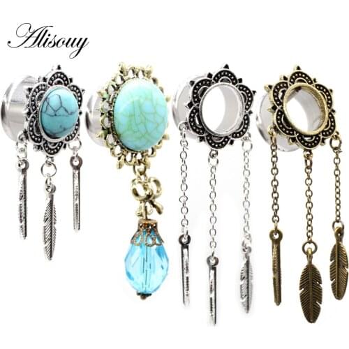 Alisouy 2pcs Stone Water Drop Leaf Pendant Stainless Steel Ear Plug Tunnel Expander Flare Stretcher Gauges Piercing Body Jewelry