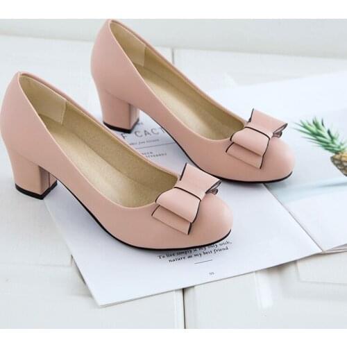 Free shipping 2020 Womens shoes Work shoes spring and autumn bow low low-heeled shoes thick heel casual female leather