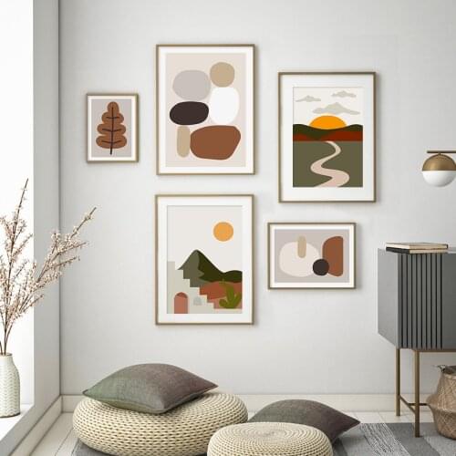 Bohemia Posters Abstract Geometric Wall Art Sun Mountain River Canvas Paintings Landscape Prints Pictures for Living Room Decor