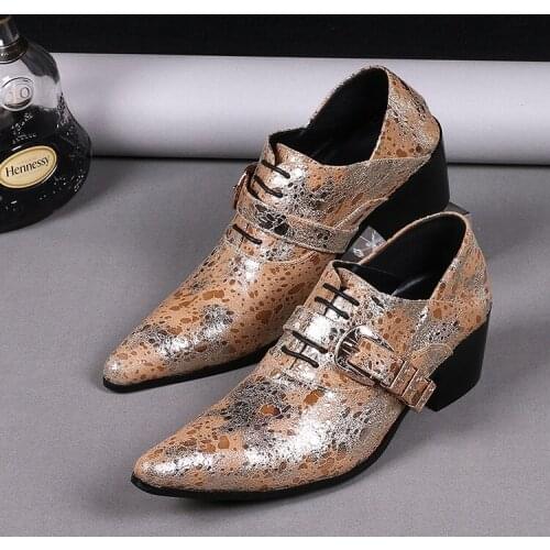 Designer Buckle Men Dress Shoes Wedding Party Formal Shoes Brown Genuine Leather Business Shoes Male Hidden High Heels For Men