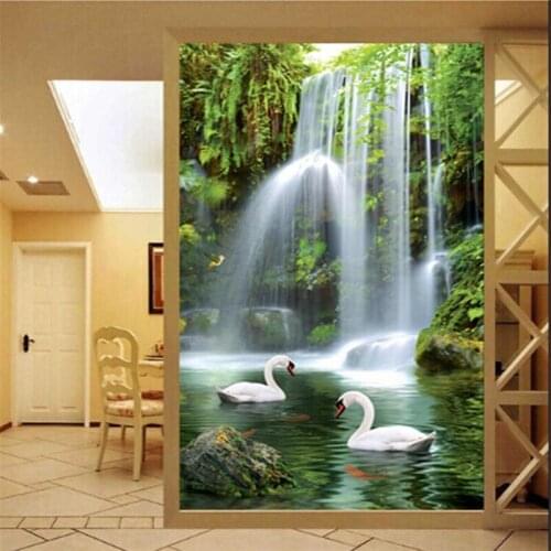 Beibehang photo wallpaper Swan Lake landscape waterfall landscape corridor restaurants large mural green wall