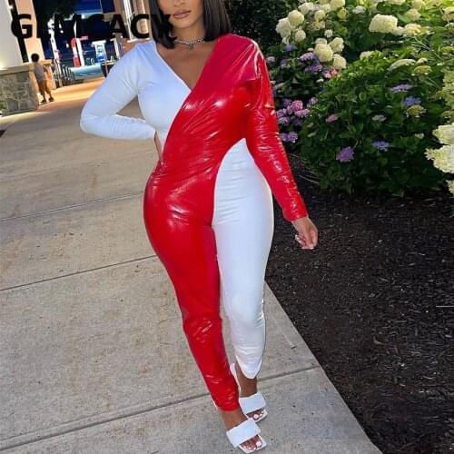 Long Sleeve V Neck PU Leather Patchwork Jumpsuit Slim Chic Streetwear Overalls