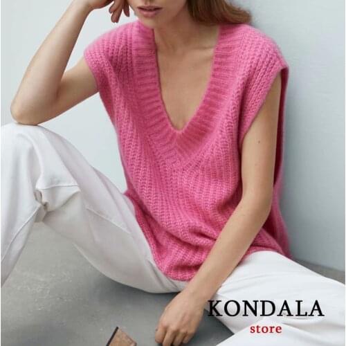 KONDALA Za 2021 Chic Pink Knitted Cotton Wool Vest Sweaters Women V Neck Casual Sleeveless Sweaters Female Elegant Mujer Tops