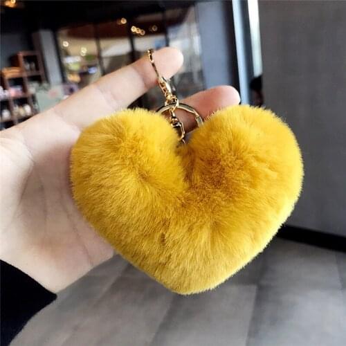 Lovely Heart Keychains Womens Pom Poms Faux Rex Rabbit Fur Key Chains Girl Bag Hang Car Key Ring Pendant Llaveros