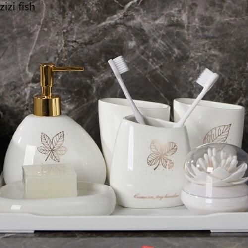 6pcs/set Golden Leaves Ceramics Bathroom Accessories Set Soap Dispenser/Toothbrush Holder/Tumbler/Soap Dish Bathroom Products