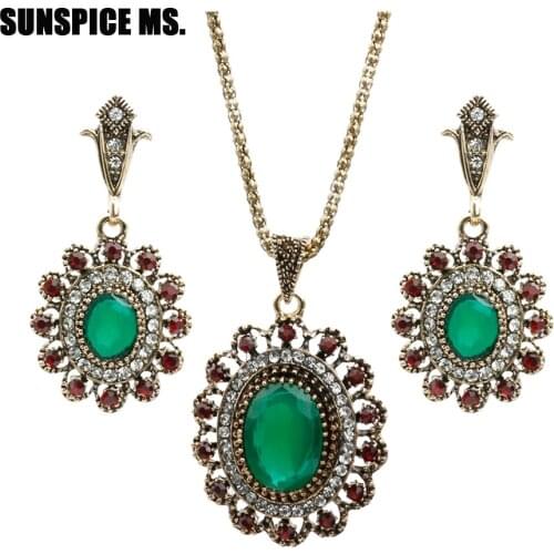 Popular Turkish Ellipse Green Resin Jewelry Sets For Women Antique Drop Earrings Necklace Indian Ethnic Wedding Jewlery 2018 New