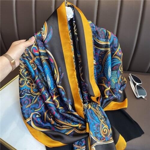 2021 Luxury Silk Scarf Women Print Long Soft Scarves Beach Shawl Ladies Headband Chiffon Wrap Retro Simulation Pashmina Bandana