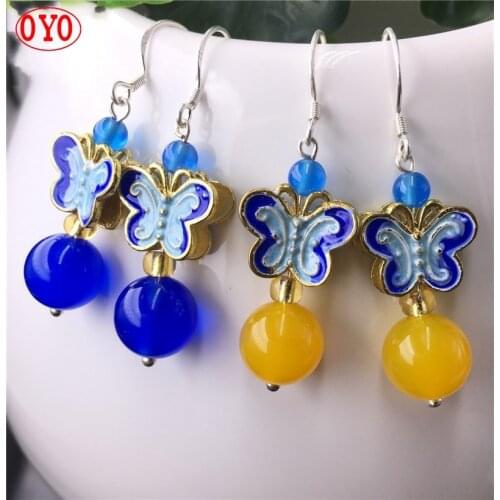 925 Silver Natural New Ice Topaz Cloisonne Blue Butterfly Blue Jade Earrings