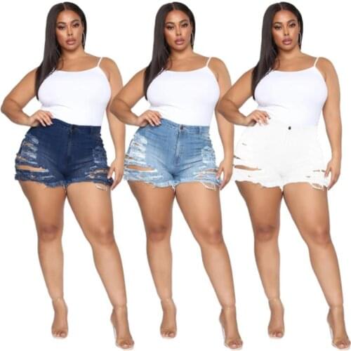 2021 Plus Size 2xl 3xl Sexy High Waist Hole Denim Shorts For Women Distressed Cutoff Ripped Jeans New Summer