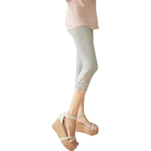 LJCUIYAO Women Capri Knitted Cotton Pants Casual Elastic High Waist Summer Triangle Diamond Lace Hollow Out Stitching Bottom