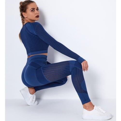 Dropshipping Women Seamless Yoga Set Gym Fitness Leggings Hollow Out Cropped Shirts Sport Suit Long Sleeve Tracksuit Activewear