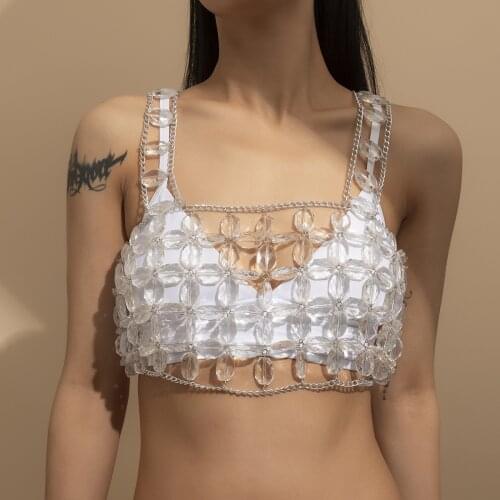 New Sexy Transparent Body Chain Crystal Jewellery Woman Bras Thong Underwear Manual Bikini Sandy Beach PLANT Flower Trendy