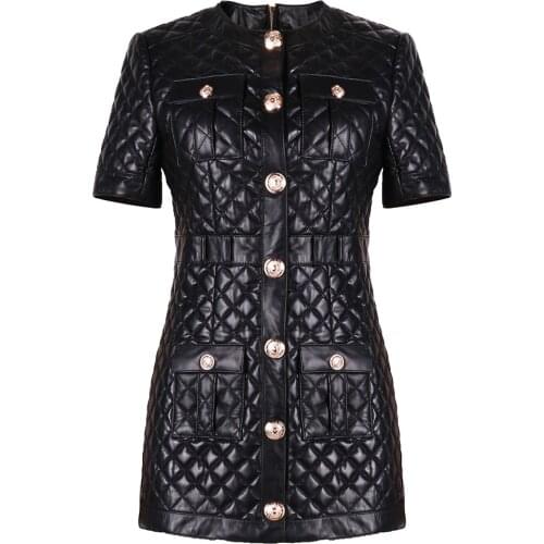 YOLOAgain women genuine leather dress ladies short sleeve single breasted real leather dress