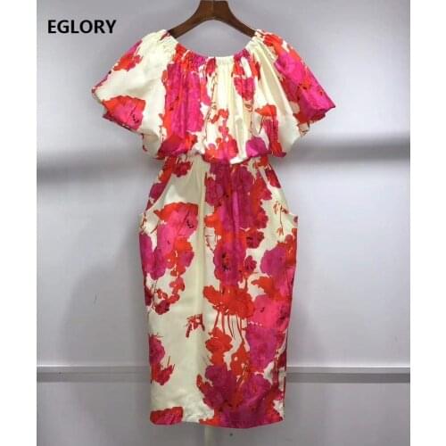 2021 Summer Fashion Dress High Quality Women Sexy Slash Neck Oil Panting Print Short Sleeve Mid-Calf Length Casual Pocket Dress